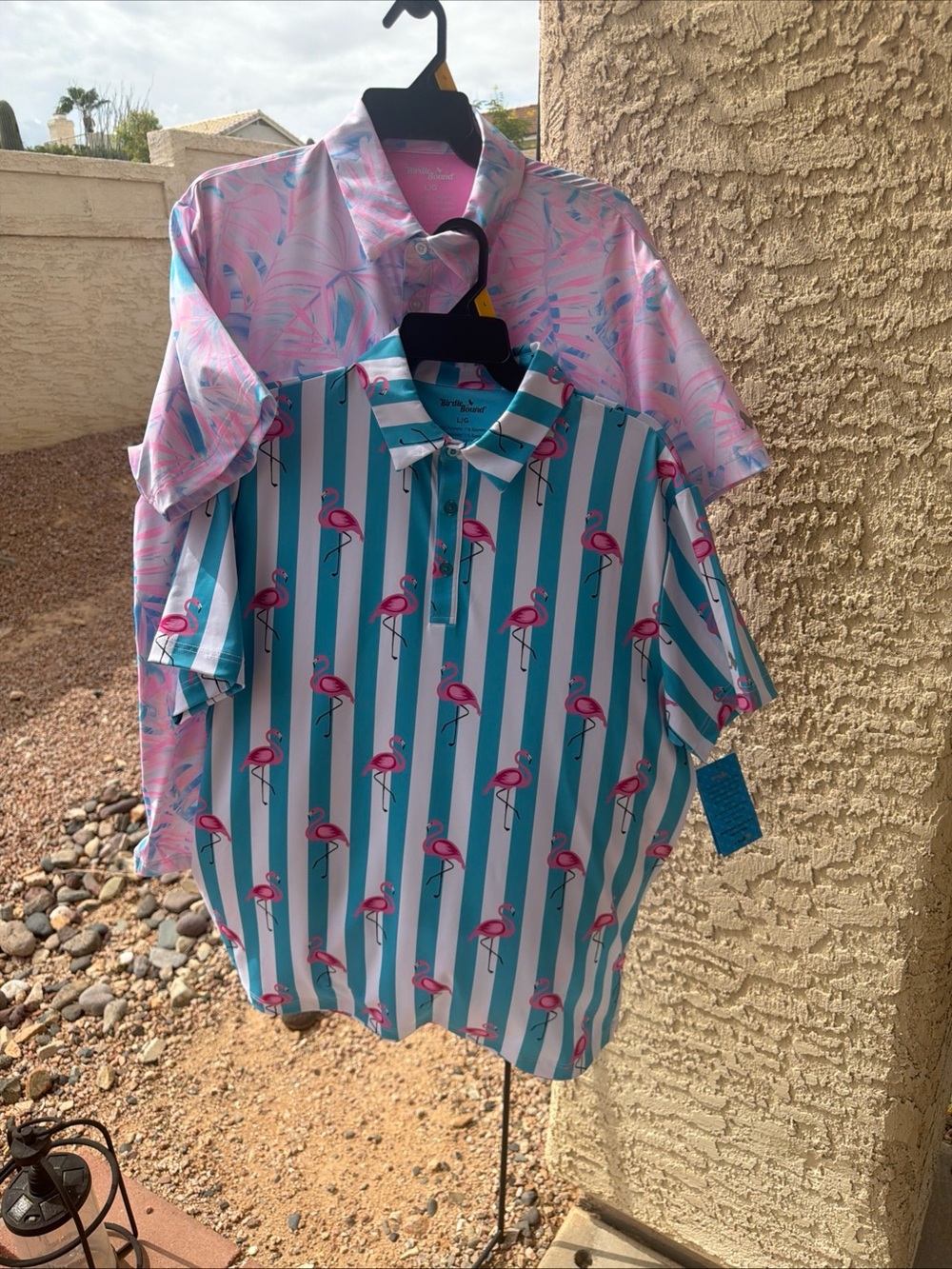 2 Birdie Bound Golf Tropical Polo Shirt 4-Way Stretch Easy Care L Large NWT DD
